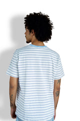 Camiseta Listrada Branca Gola Azul