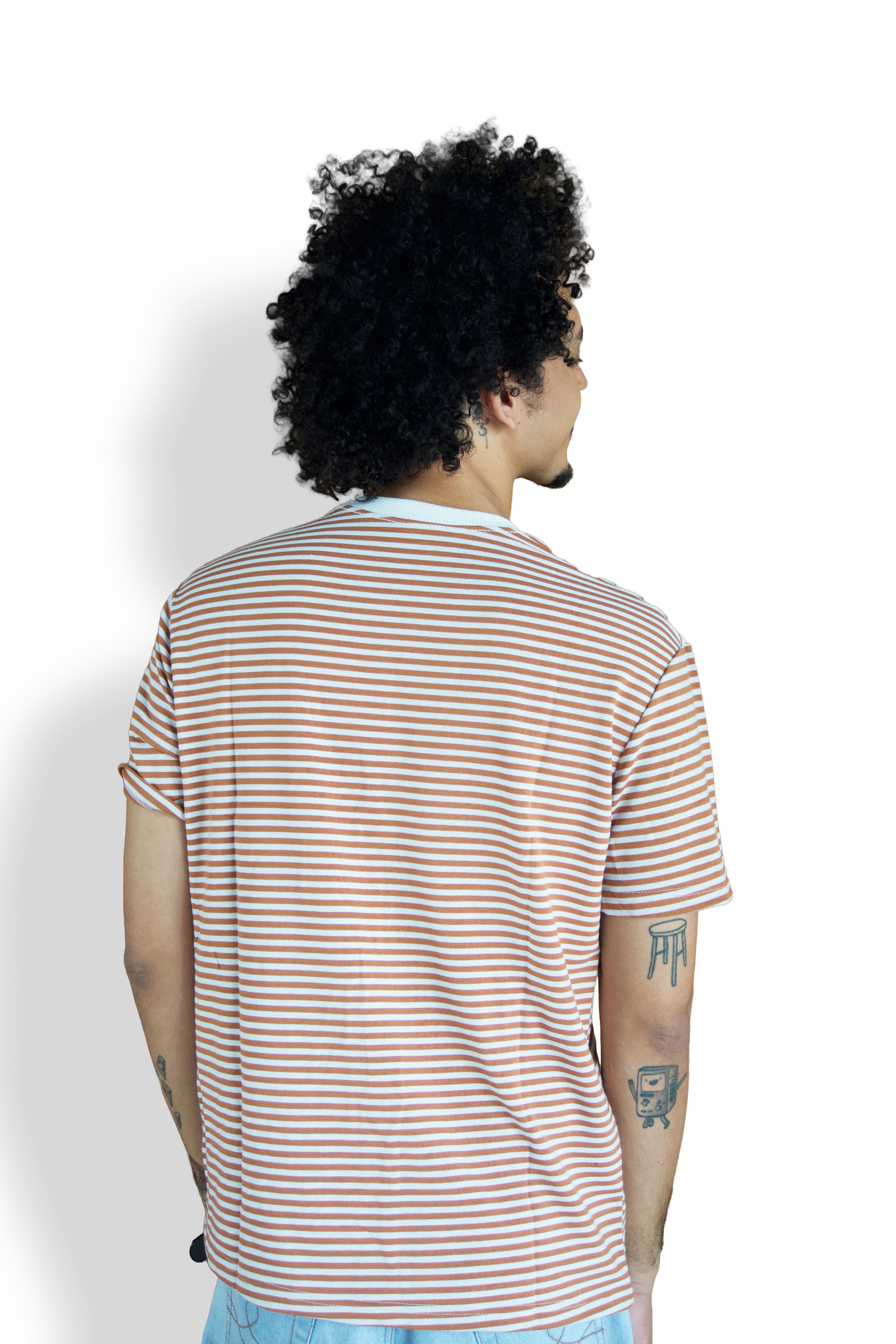 Camiseta Listrada Marrom Gola Branca