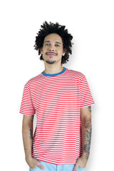 Camiseta Listrada Vermelha Gola Azul